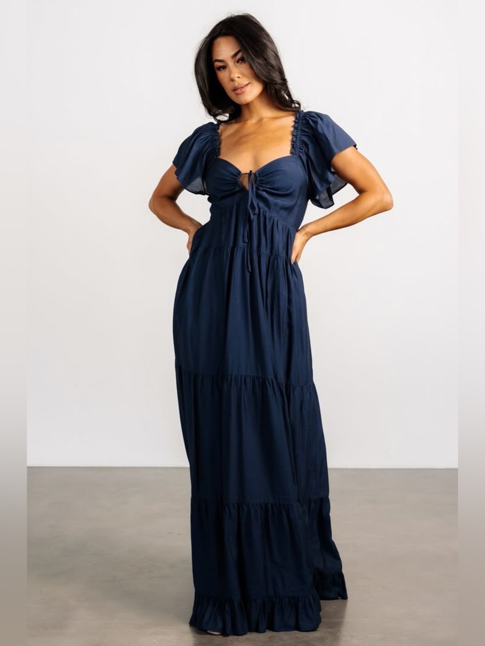 Baltic Born Navy Tie-Front Flutter Sleeve Maxi Dress